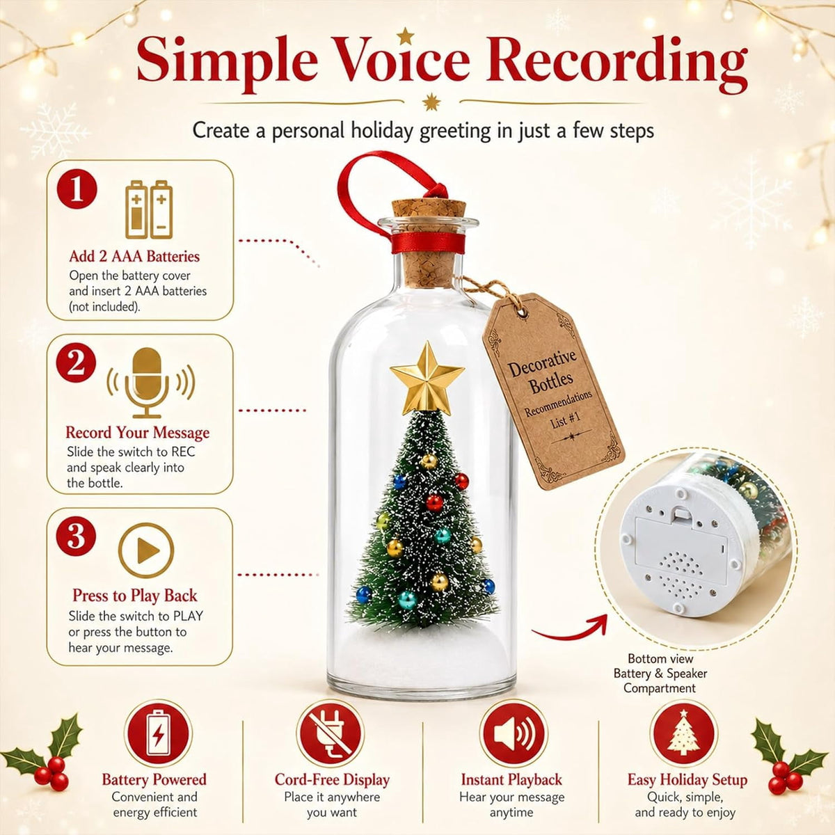 JASKFLY Recordable Christmas Tree Message in a Bottle, Voice Recording Holiday Keepsake with Playback, Snowy Scene, Glass, Green, 1 Count
