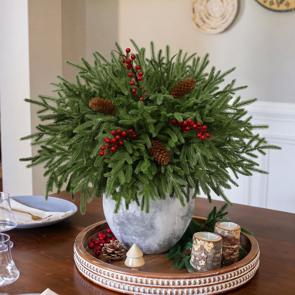 Waipfaru Artificial Christmas Norfolk Pine Branches with Lights,16 Pcs Fake Evergreen Real Touch Greenery Stem for Xmas Holiday Winter Table Indoor Decor