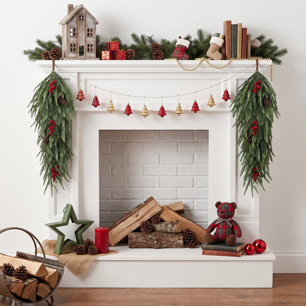 Leyaron Christmas Swags Decorations, 2 Pcs 30" Christmas Artificial Norfolk Pine Greenery Teardrop Wreath for Indoor Outdoor Table Mantle Fireplace Xmas Decor