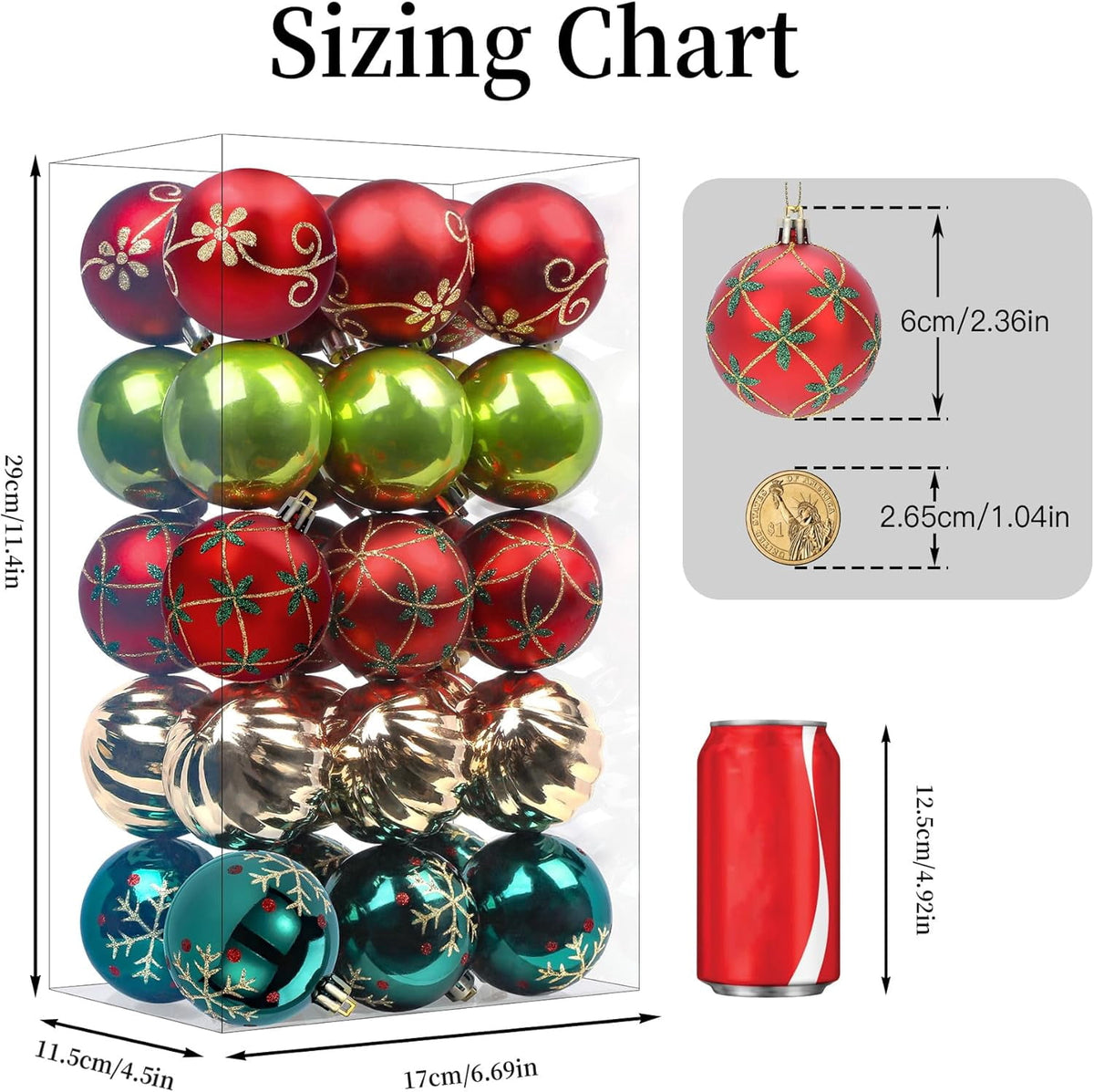 30ct Christmas Ball Ornaments, 2.36 in Shatterproof Xmas Tree Decorations, Plastic Baubles for Holiday, Party, Wedding, or Home Decor, Red & Gold