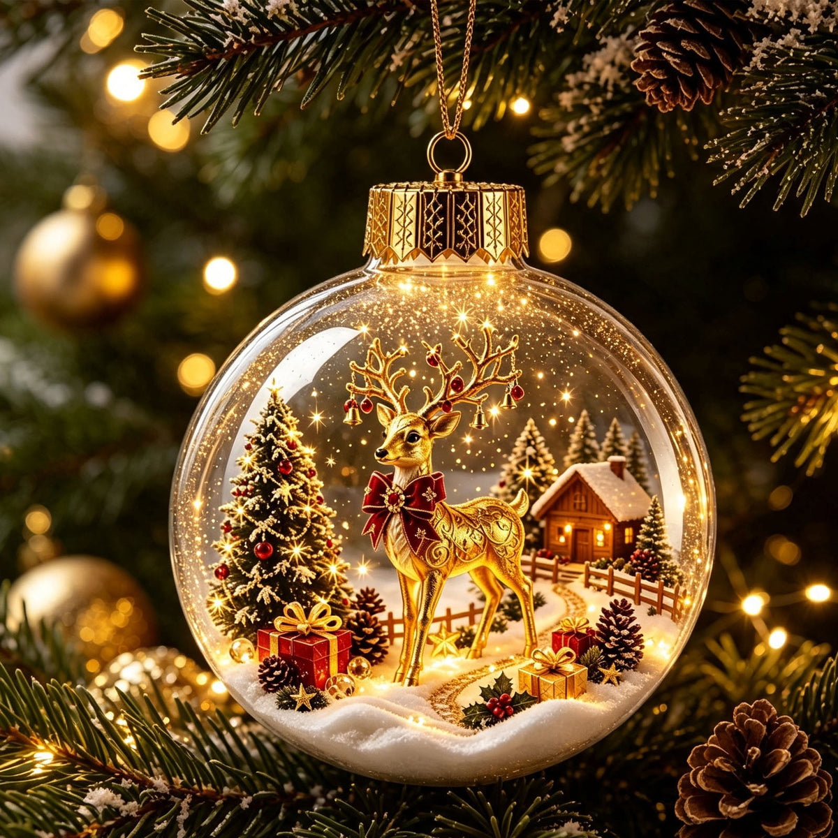 Glowing Christmas Scene Ornament Clearance, 3.15 Inch Light Up Mini Holiday Bauble with Warm LED, Xmas Tree Hanging Decor for Window Mantel Shelf