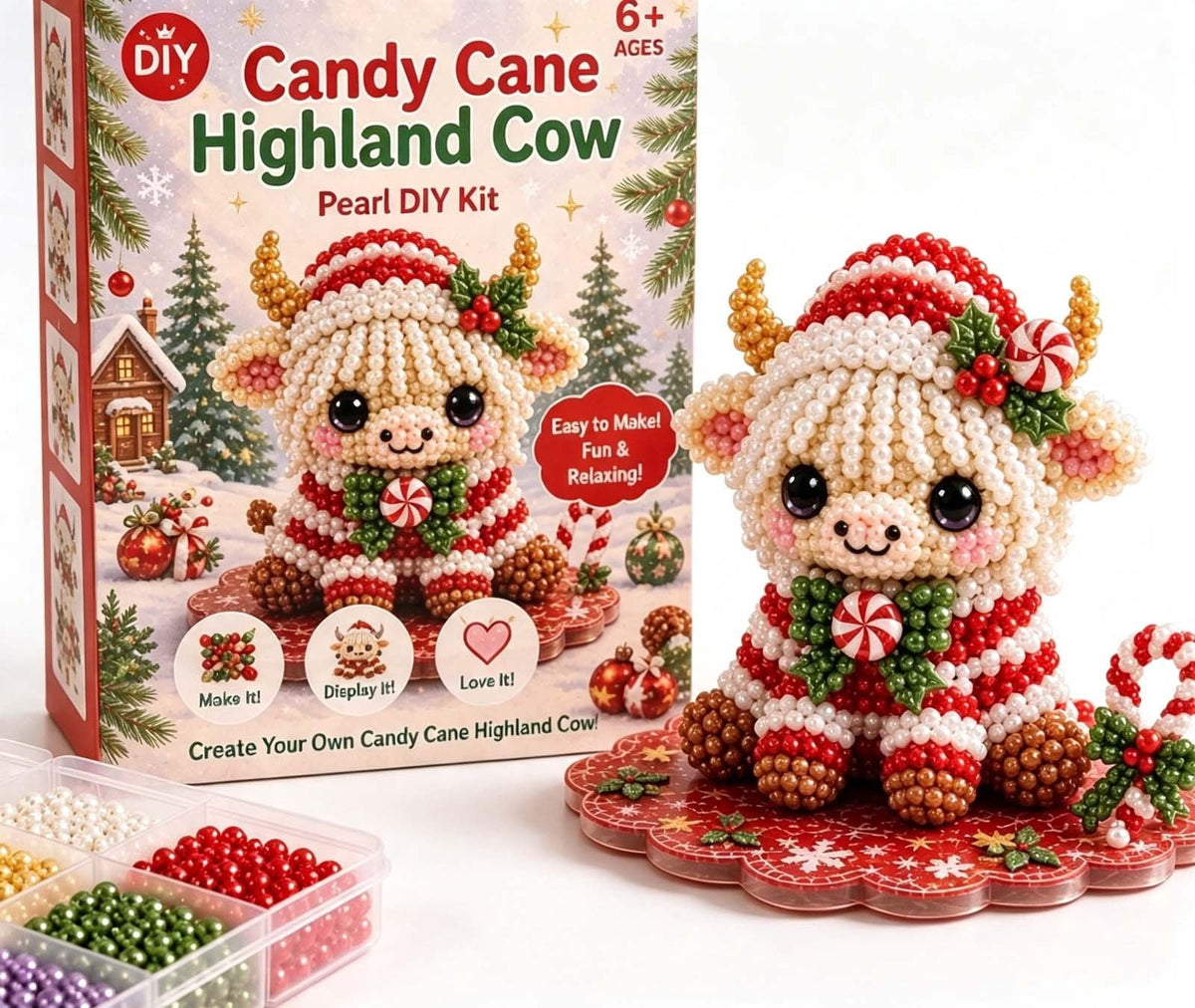 MYUNNIL Christmas Highland Cow 3D Pearl Bead Kit, Small Cute Beginner Friendly Complete Animal Themed Handcraft Set, Fun Whimsical Decorative Ornament for Home Decor & Holiday Gift, ( Xmas Tree )