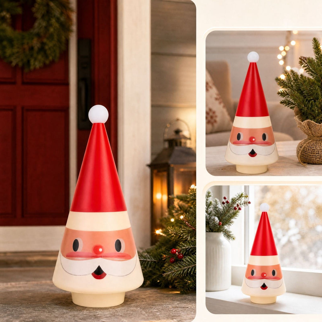 Feledorashia Lighted Santa Figurine, Christmas Tabletop Decoration, 7.87 Inch Cone-Shaped Santa Character Lamp for Mantels Shelves and Entryway Tables, Molded Resin with Internal Light