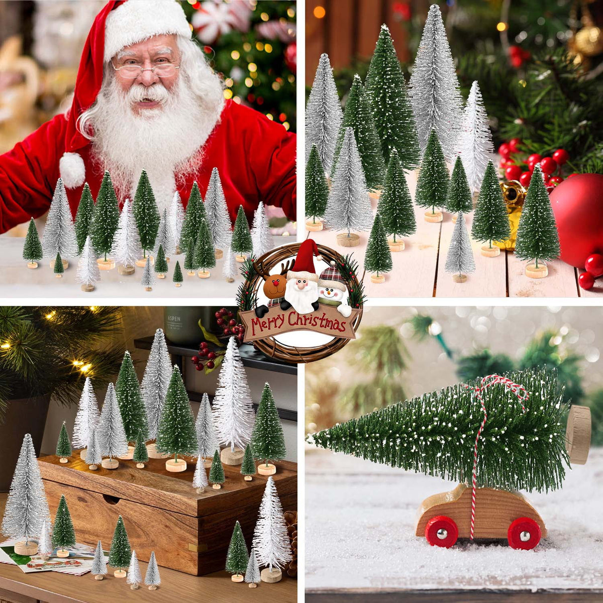 Ayieyill 30PCS Artificial Mini Christmas Trees, Upgrade Sisal Pine Trees with Wood Base Bottle Brush Trees for Christmas Table Top Decor(Green, Gold and Ivory)