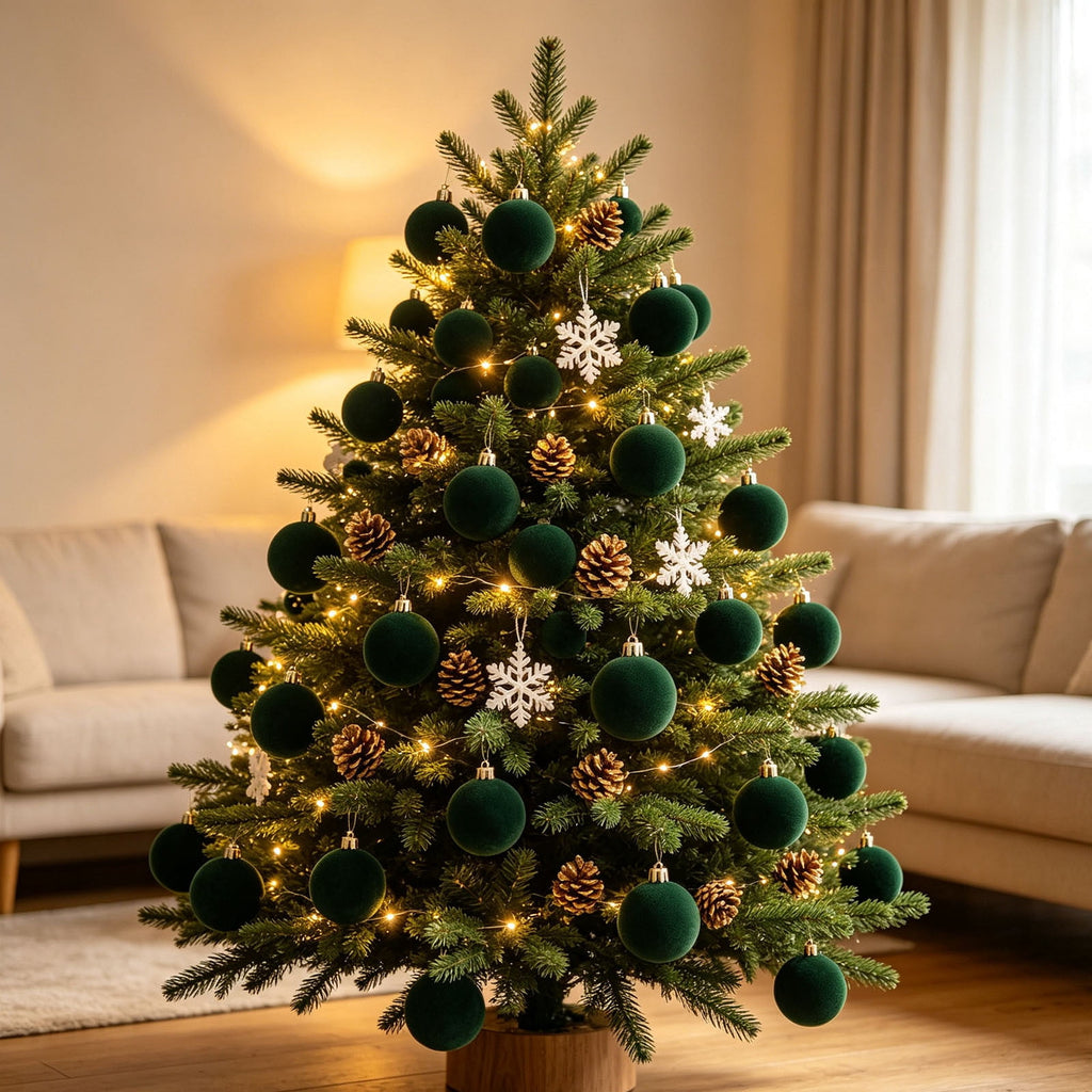 Christmas Ball Ornaments 42 Piece Flocked Gold Tan Velvet Assorted Box Set Tree Hanging Baubles