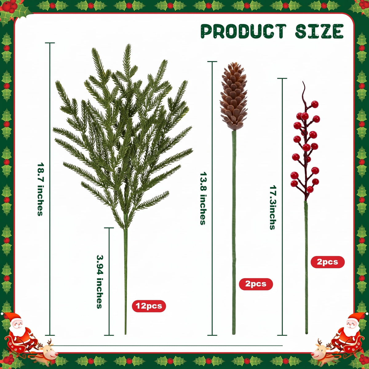 Waipfaru Artificial Christmas Norfolk Pine Branches with Lights,16 Pcs Fake Evergreen Real Touch Greenery Stem for Xmas Holiday Winter Table Indoor Decor