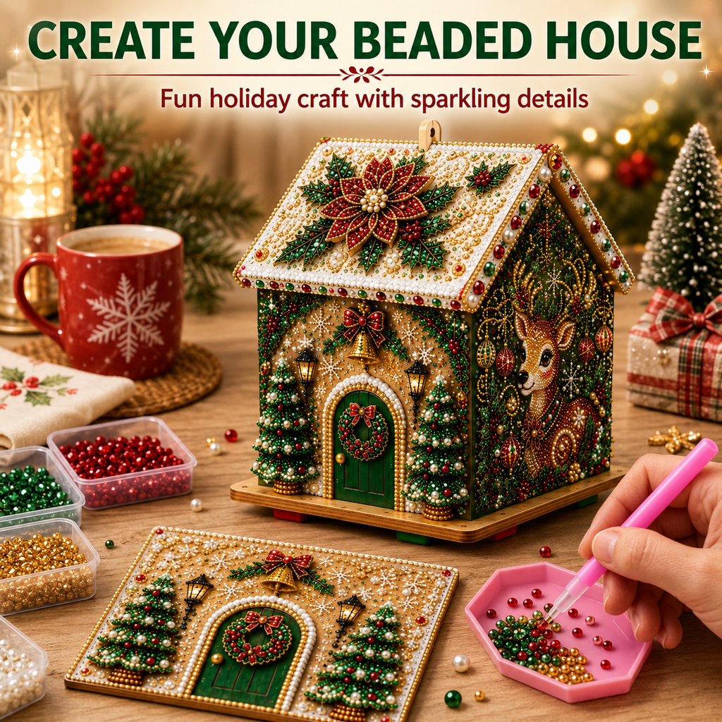 Christmas Pearl Bead Art Kit 3D House Ornament Craft Set For Christmas Tree Tabletop Mantel Shelf And Indoor Winter Holiday Decoration White