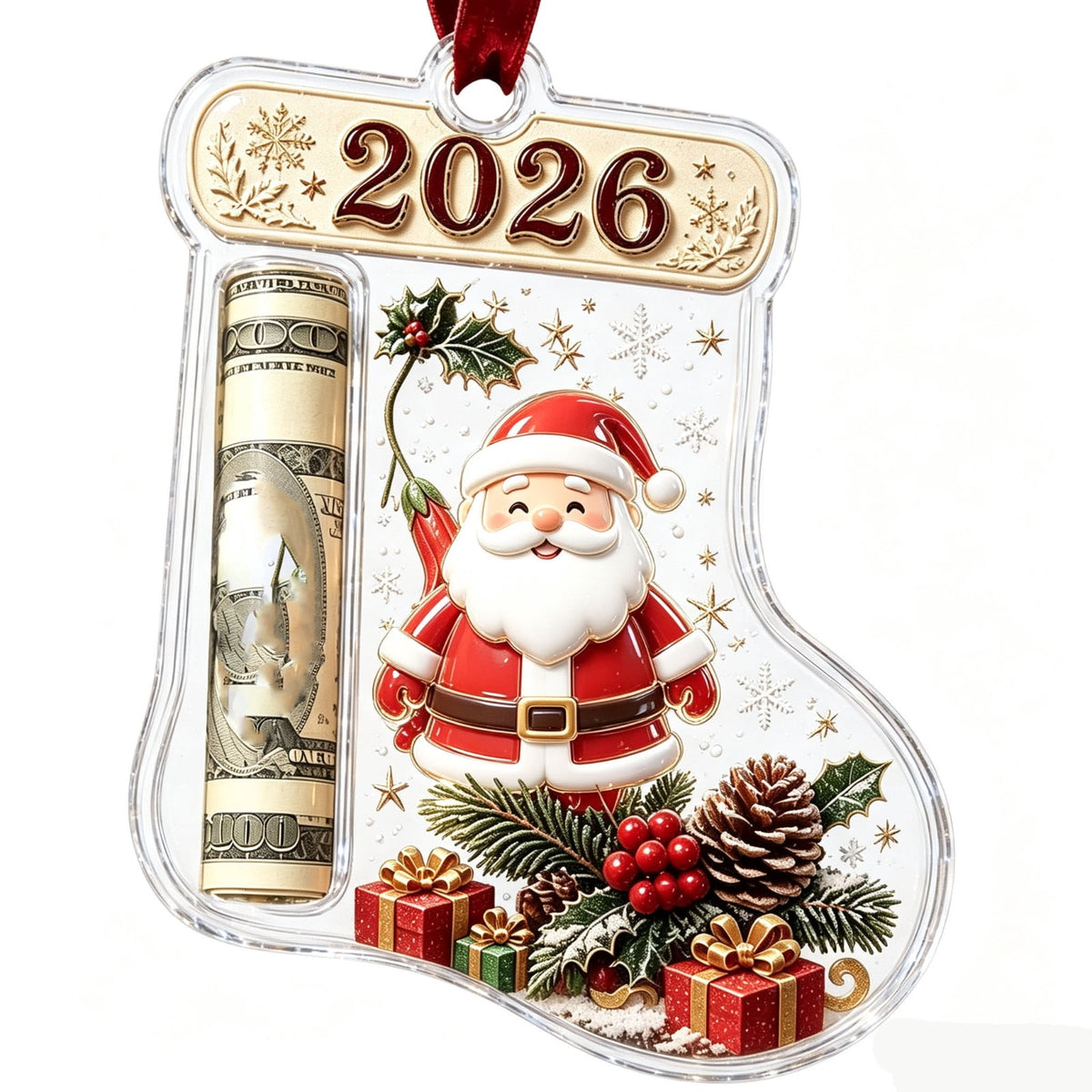 Christmas Cash Gift Stocking Shaped Ornament, Crystal-Clear Cash Holder Ornament with Xmas Stocking Design, Hanging Money Keepsake for Christmas Tree Wreath Garland, Surprise for Family Friends (F)