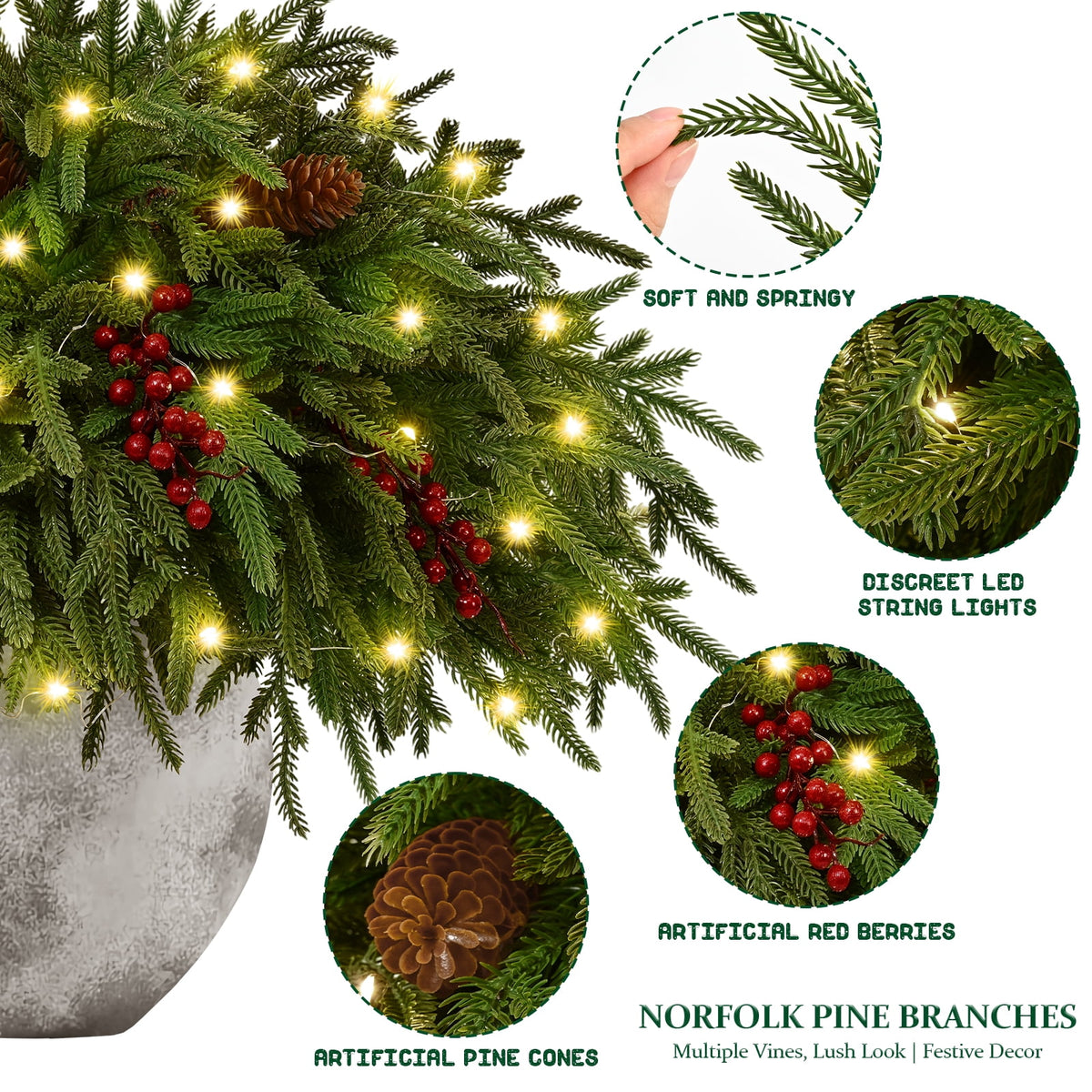Waipfaru Artificial Christmas Norfolk Pine Branches with Lights,16 Pcs Fake Evergreen Real Touch Greenery Stem for Xmas Holiday Winter Table Indoor Decor