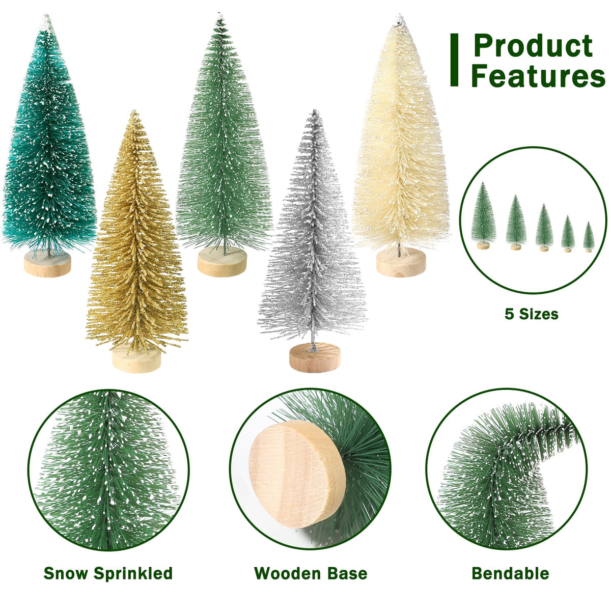Ayieyill 30PCS Artificial Mini Christmas Trees, Upgrade Sisal Pine Trees with Wood Base Bottle Brush Trees for Christmas Table Top Decor(Green, Gold and Ivory)