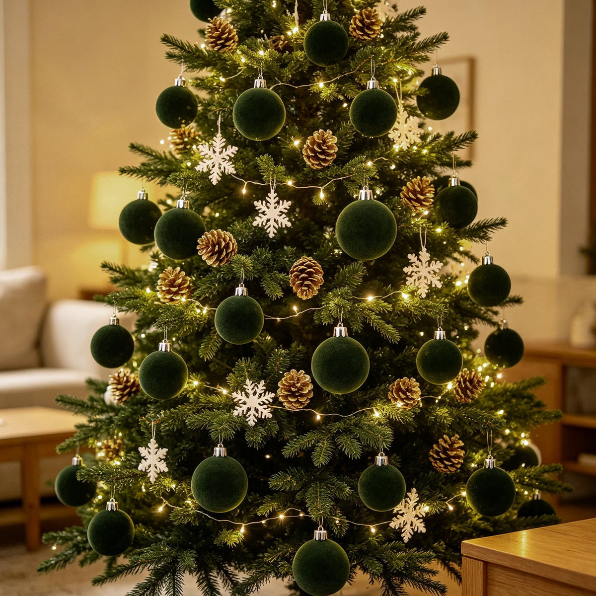 Christmas Ball Ornaments 42 Piece Flocked Gold Tan Velvet Assorted Box Set Tree Hanging Baubles