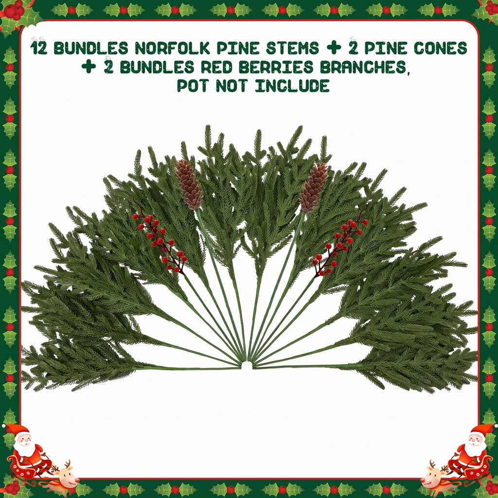 Waipfaru Artificial Christmas Norfolk Pine Branches with Lights,16 Pcs Fake Evergreen Real Touch Greenery Stem for Xmas Holiday Winter Table Indoor Decor
