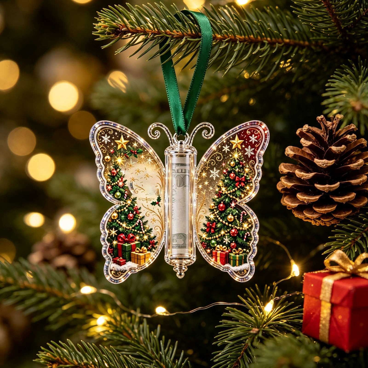 Butterfly Christmas Money Gift Ornament, Angel‑Pattern Acrylic Cash Holder with Clear Compartment, Hanging Xmas Cash Wallet Decor for Christmas Tree, Window, Car, Creative Holiday Present