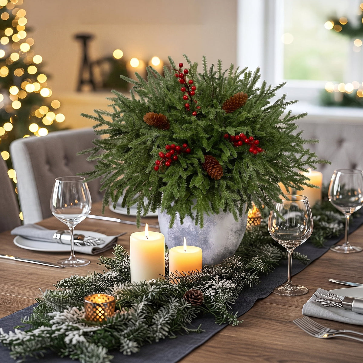 Waipfaru Artificial Christmas Norfolk Pine Branches with Lights,16 Pcs Fake Evergreen Real Touch Greenery Stem for Xmas Holiday Winter Table Indoor Decor