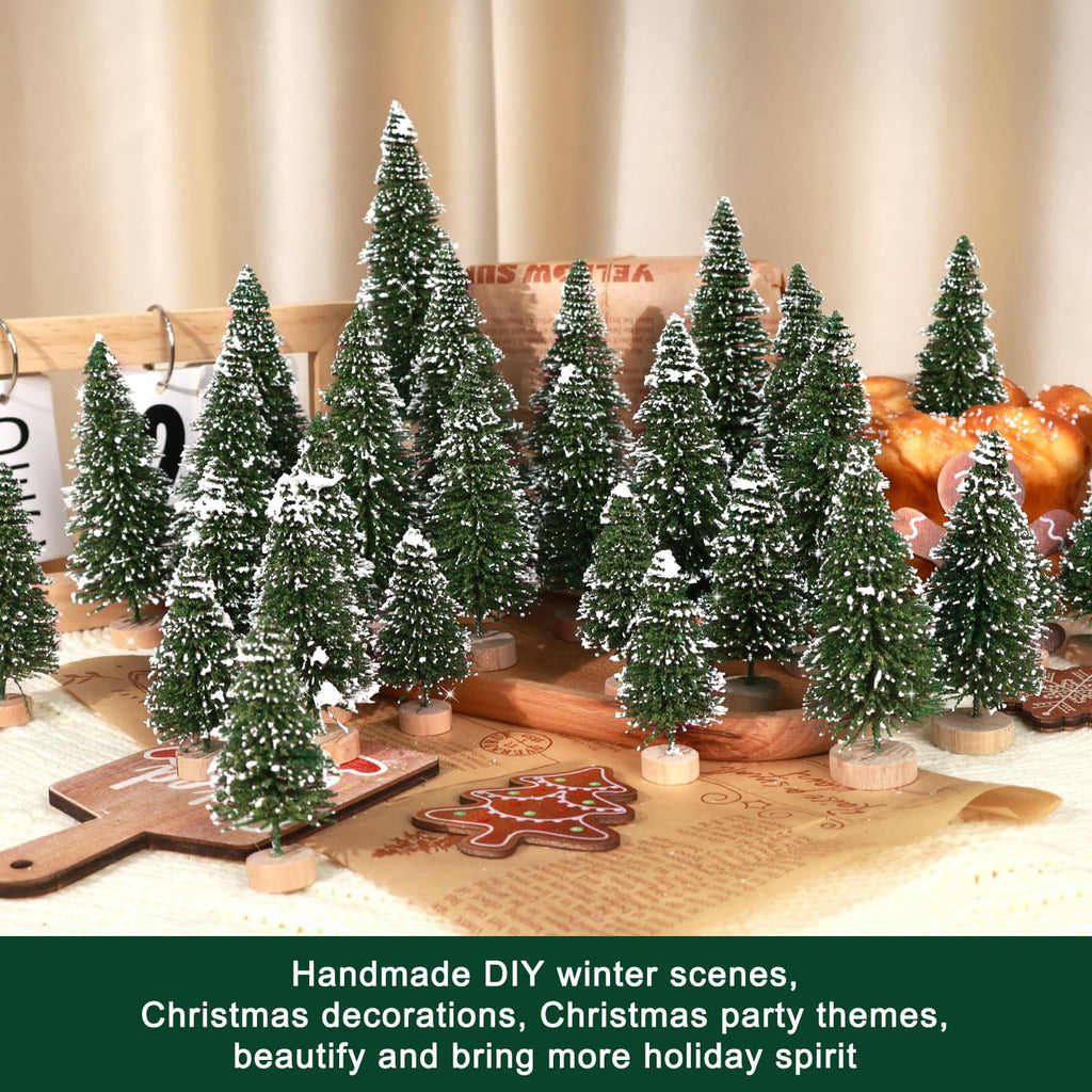 Ayieyill 30PCS Artificial Mini Christmas Trees, Upgrade Sisal Pine Trees with Wood Base Bottle Brush Trees for Christmas Table Top Decor(Green, Gold and Ivory)