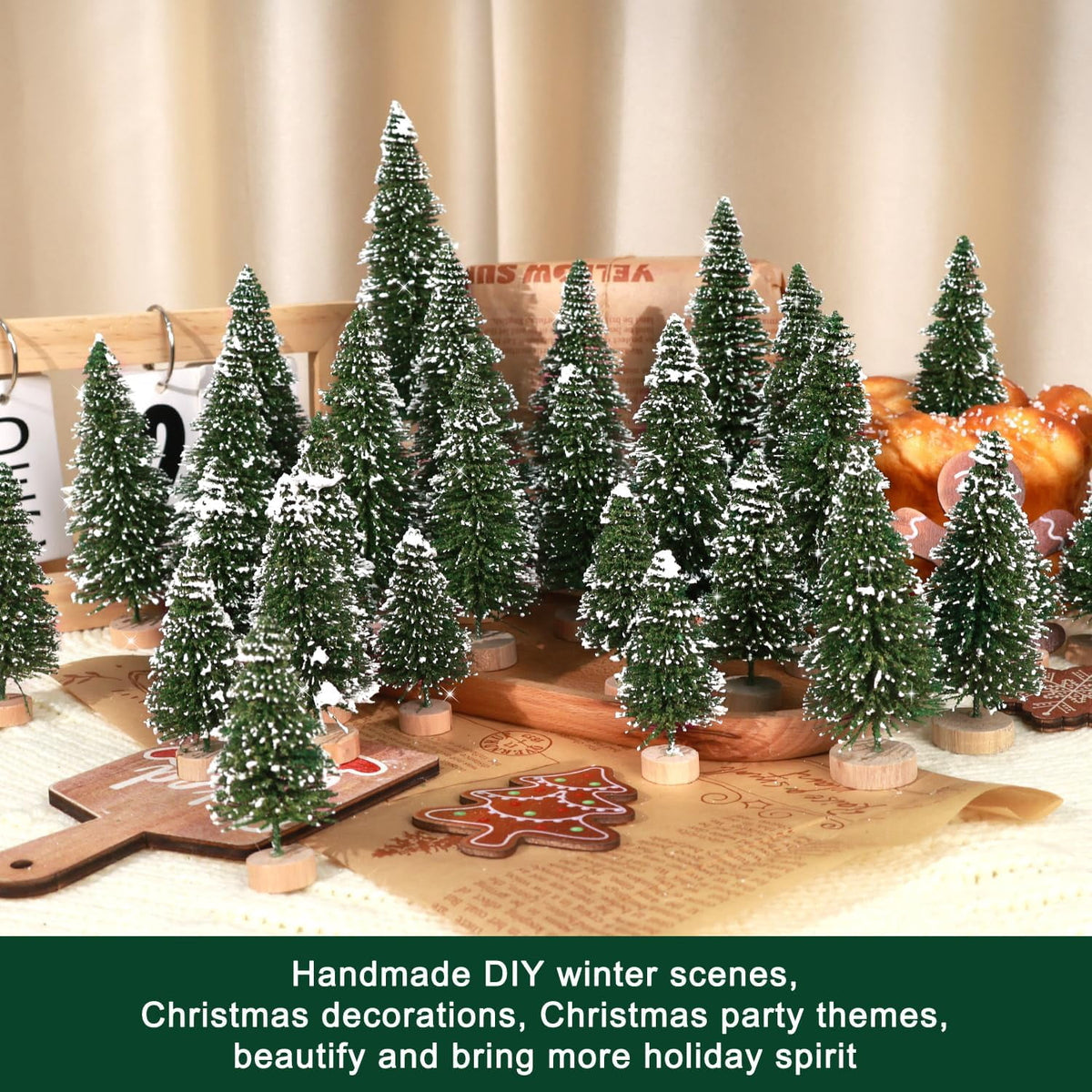 Ayieyill 30PCS Artificial Mini Christmas Trees, Upgrade Sisal Pine Trees with Wood Base Bottle Brush Trees for Christmas Table Top Decor(Green, Gold and Ivory)