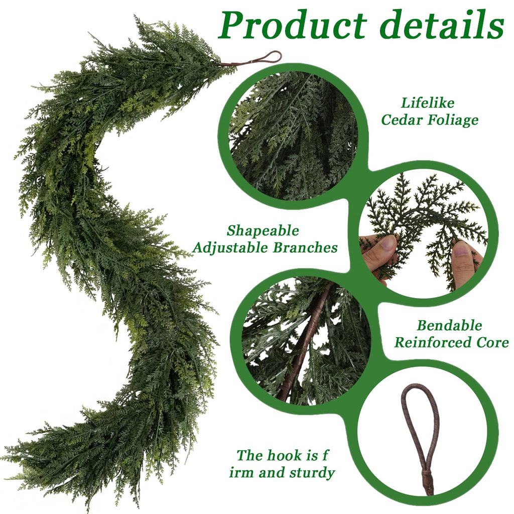 2 Pcs 6Ft Christmas Garland, Realistic Cedar Cypress Pine Greenery Garland Faux Christmas Decorations for Mantle, Fireplace, Table, Stairs, Doors, Porch, Indoor Outdoor Christmas Decor