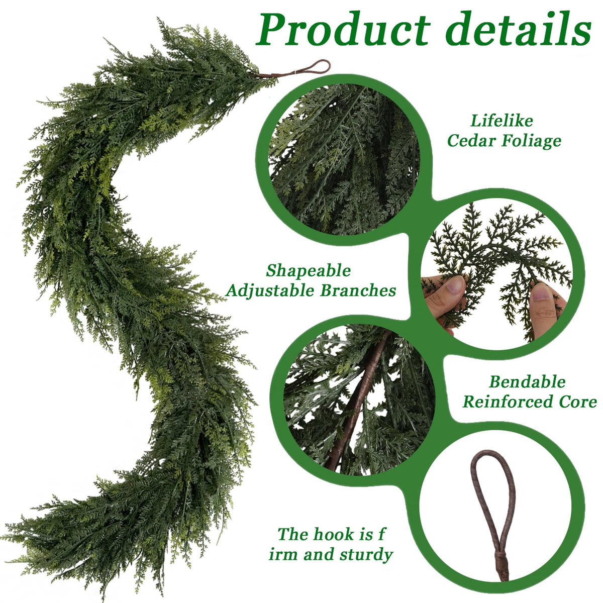 2 Pcs 6Ft Christmas Garland, Realistic Cedar Cypress Pine Greenery Garland Faux Christmas Decorations for Mantle, Fireplace, Table, Stairs, Doors, Porch, Indoor Outdoor Christmas Decor