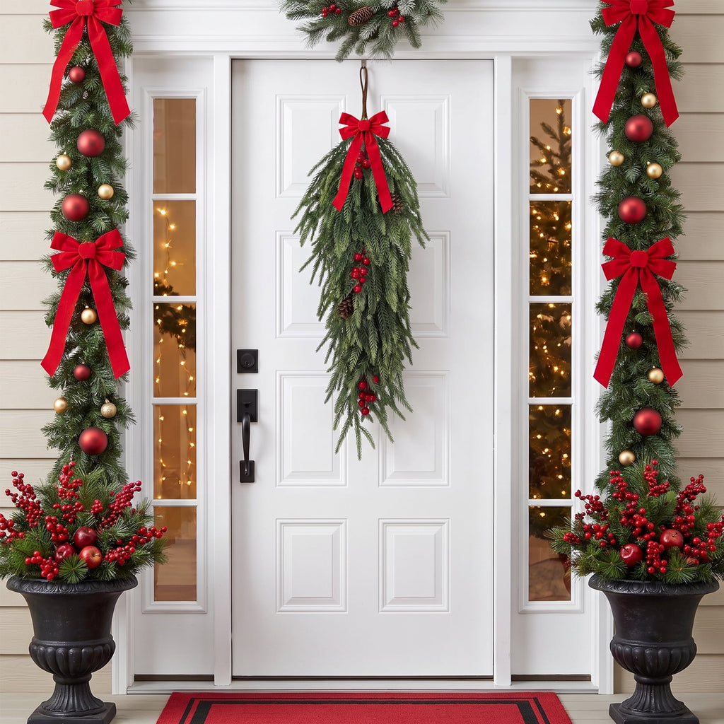 Leyaron Christmas Swags Decorations, 2 Pcs 30" Christmas Artificial Norfolk Pine Greenery Teardrop Wreath for Indoor Outdoor Table Mantle Fireplace Xmas Decor