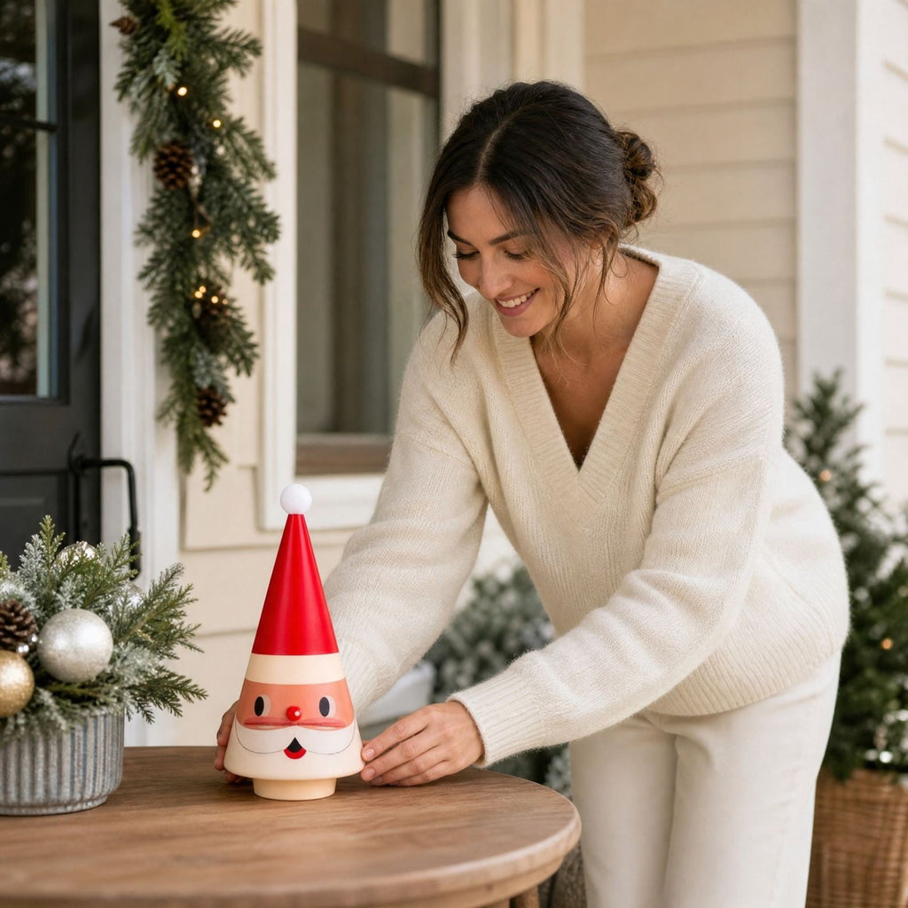 Feledorashia Lighted Santa Figurine, Christmas Tabletop Decoration, 7.87 Inch Cone-Shaped Santa Character Lamp for Mantels Shelves and Entryway Tables, Molded Resin with Internal Light