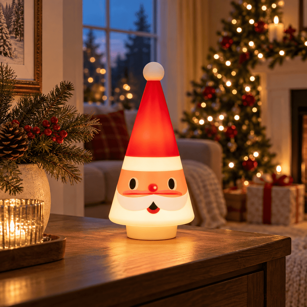 Feledorashia Lighted Santa Figurine, Christmas Tabletop Decoration, 7.87 Inch Cone-Shaped Santa Character Lamp for Mantels Shelves and Entryway Tables, Molded Resin with Internal Light