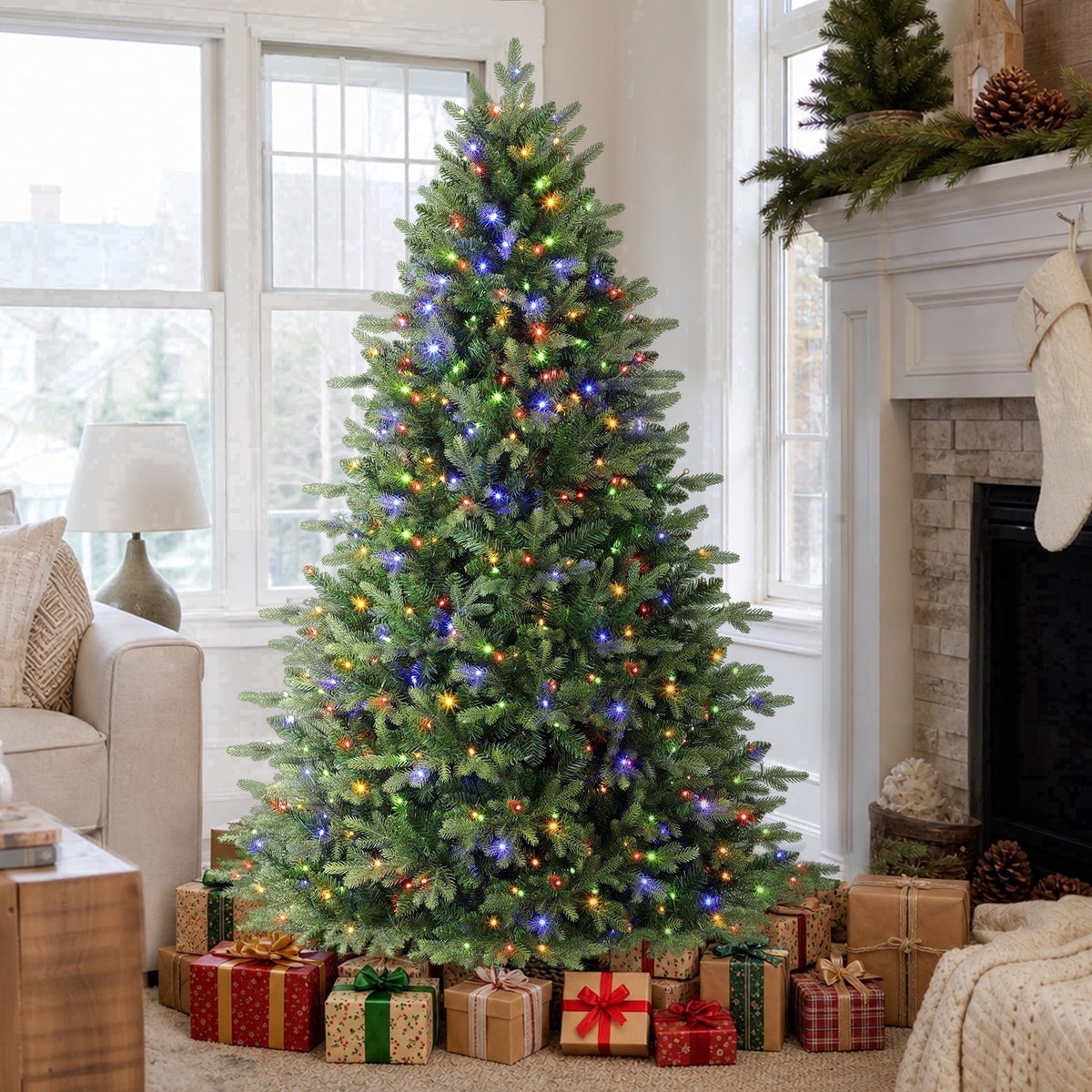 Lolsea 5.5ft Prelit Noble Fir Artificial Christmas Tree with Remote Control, Timer and Warm White & Multi-Color Lights