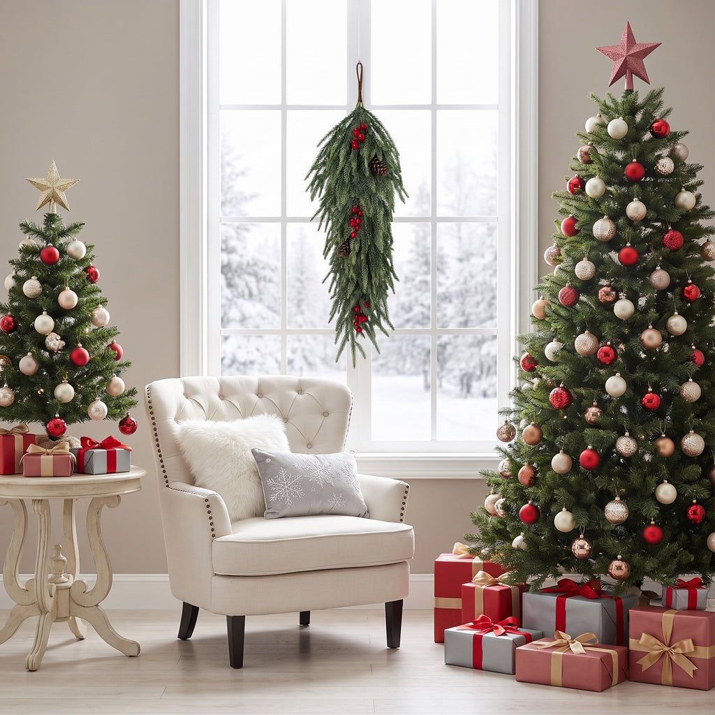 Leyaron Christmas Swags Decorations, 2 Pcs 30" Christmas Artificial Norfolk Pine Greenery Teardrop Wreath for Indoor Outdoor Table Mantle Fireplace Xmas Decor