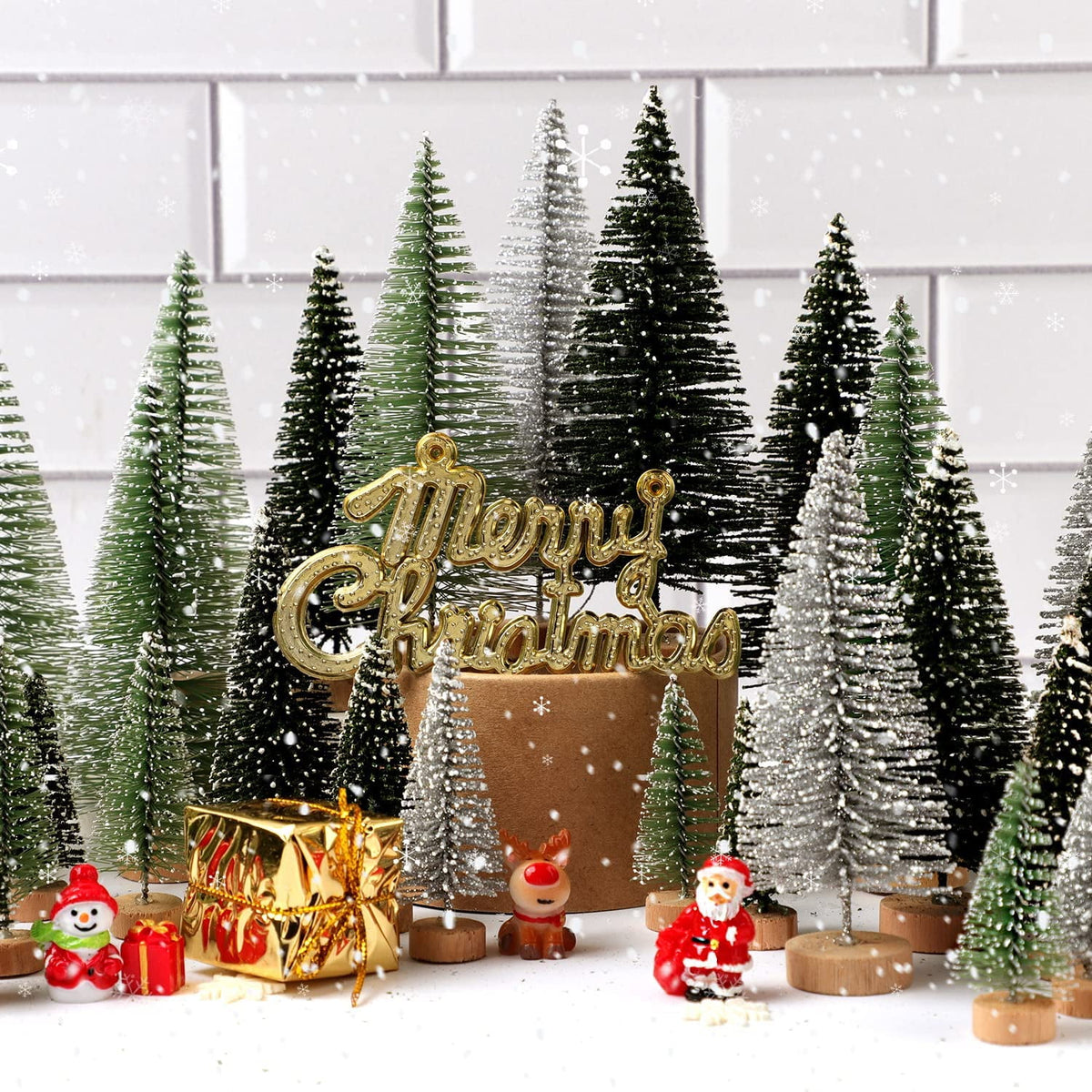 Ayieyill 30PCS Artificial Mini Christmas Trees, Upgrade Sisal Pine Trees with Wood Base Bottle Brush Trees for Christmas Table Top Decor(Green, Gold and Ivory)