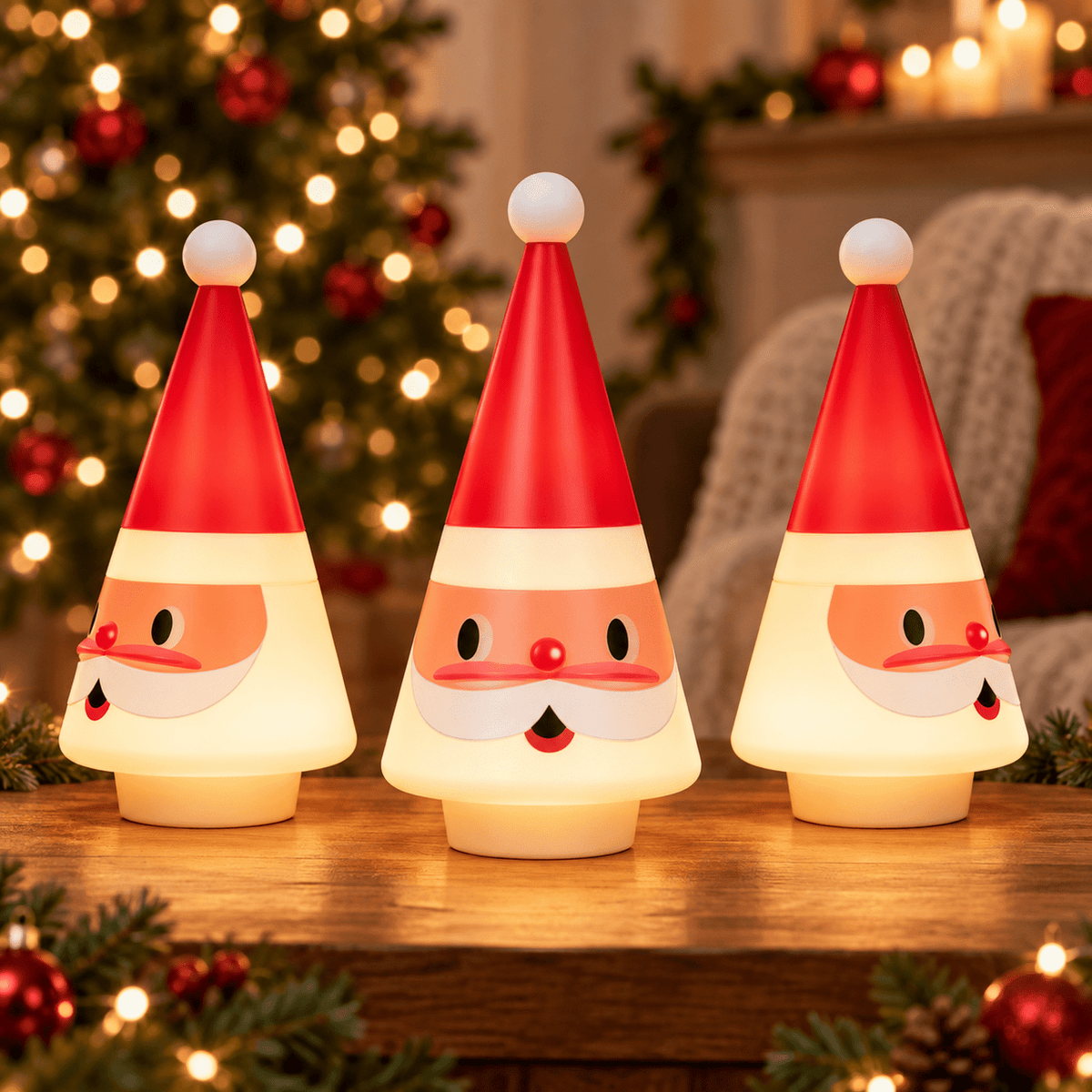 Feledorashia Lighted Santa Figurine, Christmas Tabletop Decoration, 7.87 Inch Cone-Shaped Santa Character Lamp for Mantels Shelves and Entryway Tables, Molded Resin with Internal Light