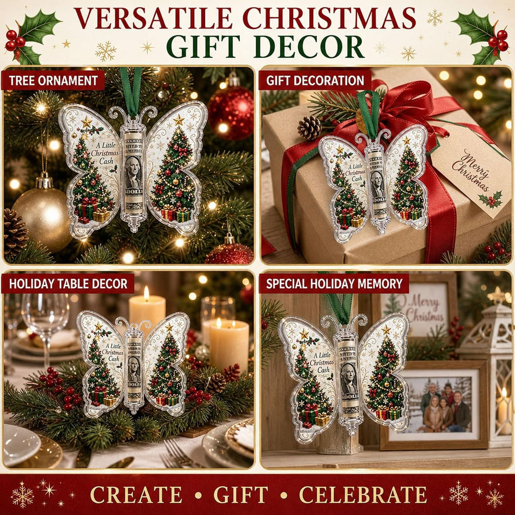 Christmas Cash Gift Butterfly Ornament, Holiday Money Holder Keepsake,Butterfly Christmas Money Gift Ornament, Acrylic Money Holder Christmas Tree Hanging, Rolled Bill Cash Gift Holder, for Xmas