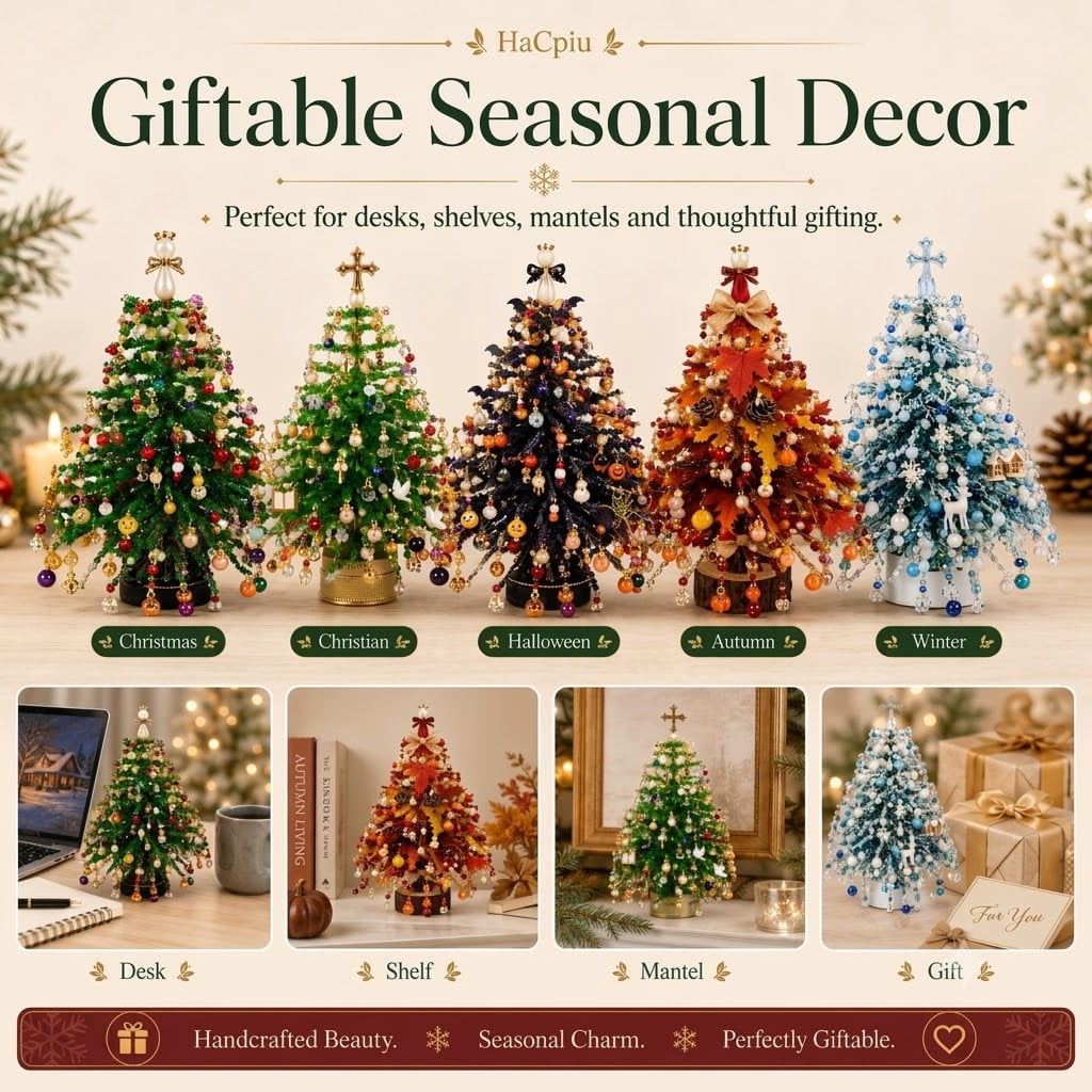 HaCpiu DIY Christmas Tree Mini Beaded Kits Set, 3D Wire Tabletop Seasonal Tree Beaded Kits Decor for Desk Mantel Shelf, Creative Christmas Holiday Craft Kit for Adults