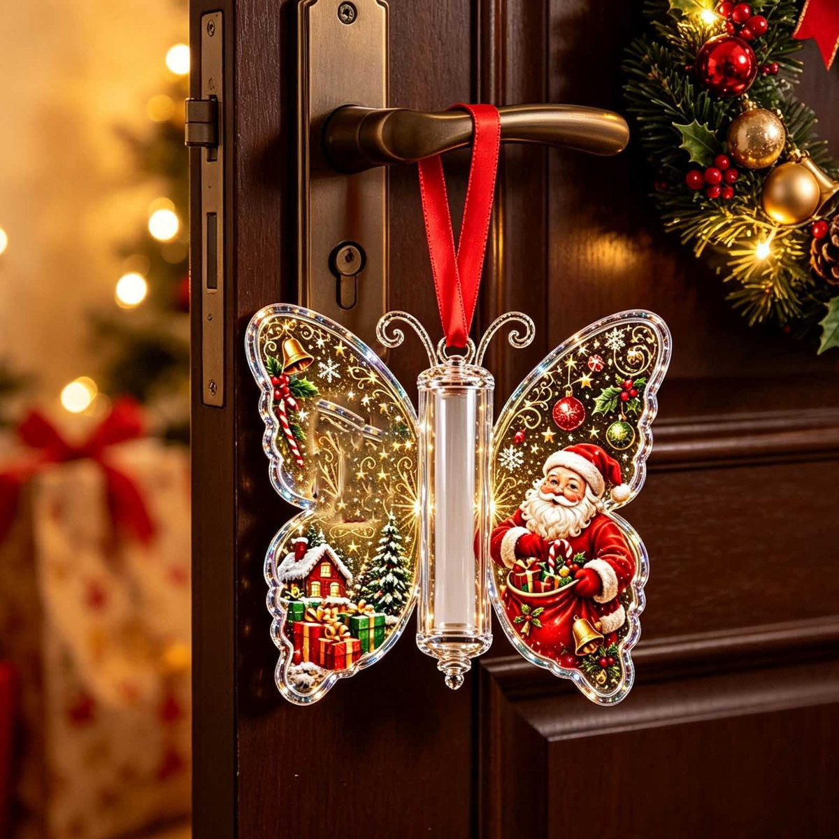 Butterfly Christmas Money Gift Ornament, Angel‑Pattern Acrylic Cash Holder with Clear Compartment, Hanging Xmas Cash Wallet Decor for Christmas Tree, Window, Car, Creative Holiday Present