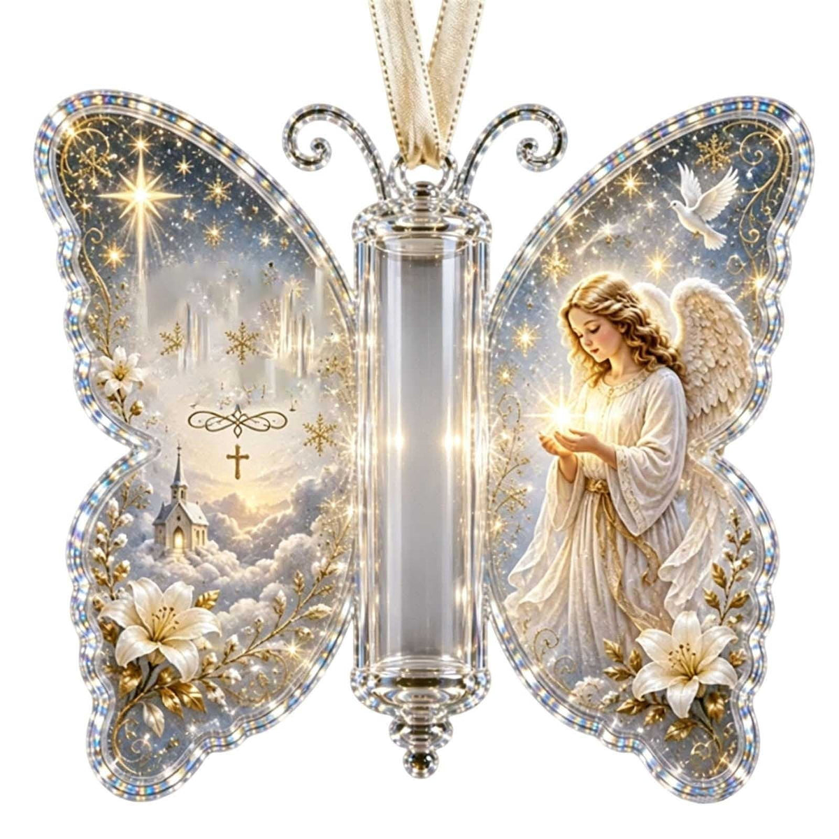 Butterfly Christmas Money Gift Ornament, Angel‑Pattern Acrylic Cash Holder with Clear Compartment, Hanging Xmas Cash Wallet Decor for Christmas Tree, Window, Car, Creative Holiday Present