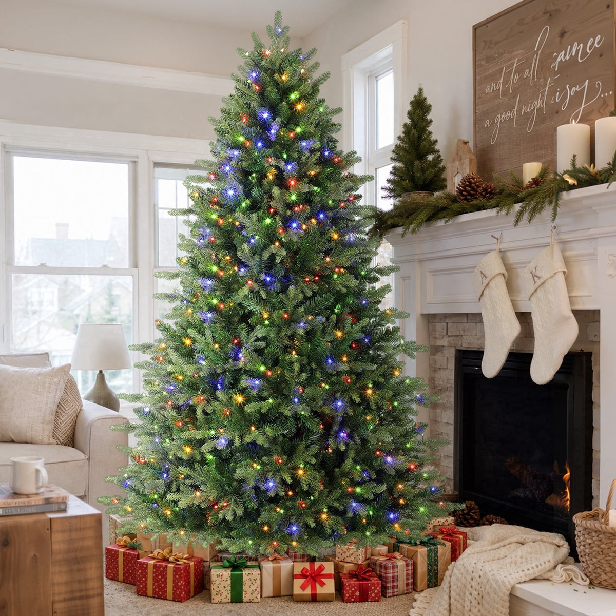 Lolsea 5.5ft Prelit Noble Fir Artificial Christmas Tree with Remote Control, Timer and Warm White & Multi-Color Lights