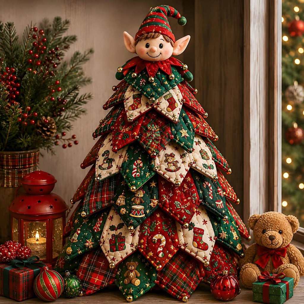 DIY Quilted Christmas Tree Kit Handmade Fabric Tabletop Holiday Decor, Patchwork Craft with Character Topper for Mantel Shelf