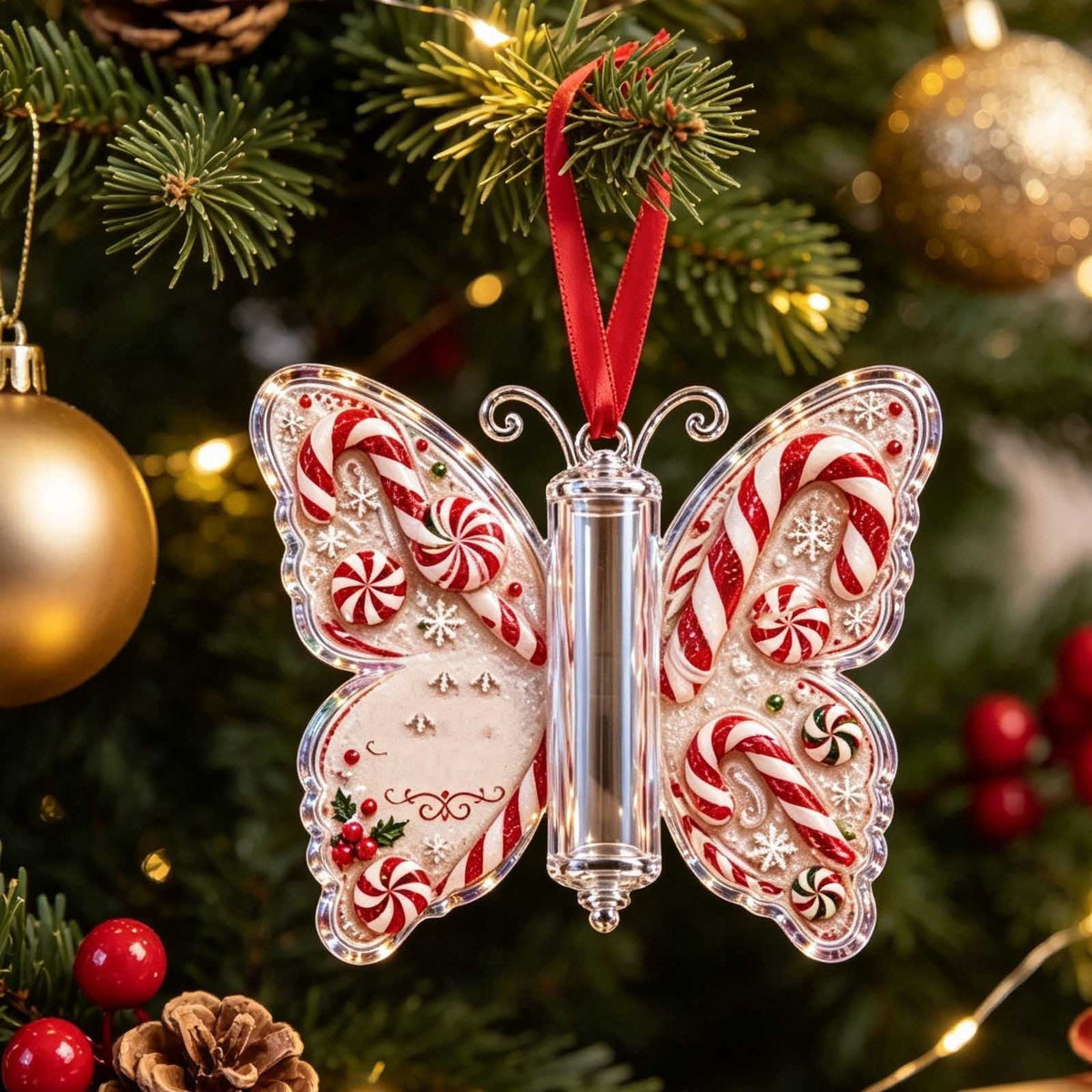 Butterfly Christmas Money Gift Ornament, Angel‑Pattern Acrylic Cash Holder with Clear Compartment, Hanging Xmas Cash Wallet Decor for Christmas Tree, Window, Car, Creative Holiday Present