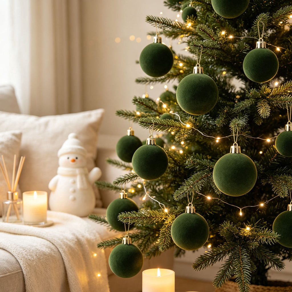 Christmas Ball Ornaments 42 Piece Flocked Gold Tan Velvet Assorted Box Set Tree Hanging Baubles