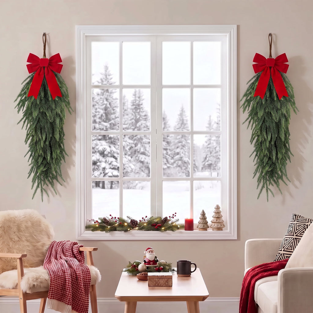 Leyaron Christmas Swags Decorations, 2 Pcs 30" Christmas Artificial Norfolk Pine Greenery Teardrop Wreath for Indoor Outdoor Table Mantle Fireplace Xmas Decor
