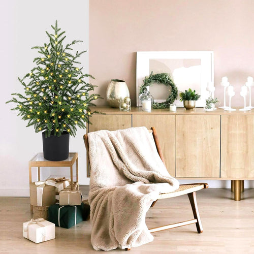 2FT Pre-Lit Artificial Christmas Tree, Lifelike Cypress Potted Xmas Tree with 100 Twinkle LED Lights for Family Fun Indoor Holiday Decor for Indoor