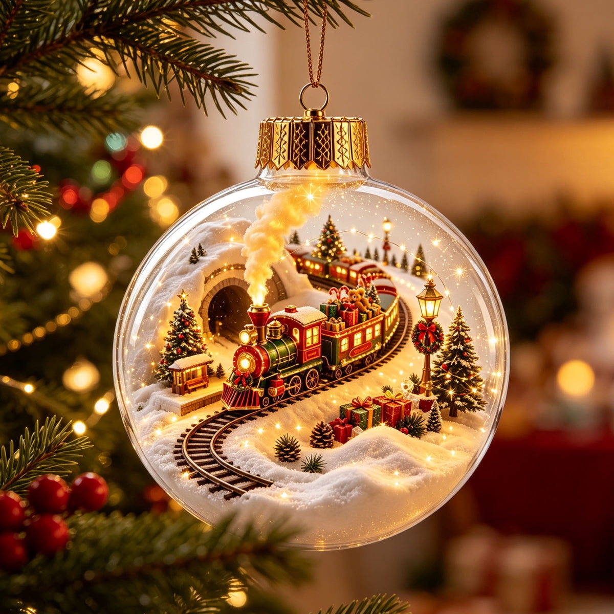 Glowing Christmas Scene Ornament Clearance, 3.15 Inch Light Up Mini Holiday Bauble with Warm LED, Xmas Tree Hanging Decor for Window Mantel Shelf