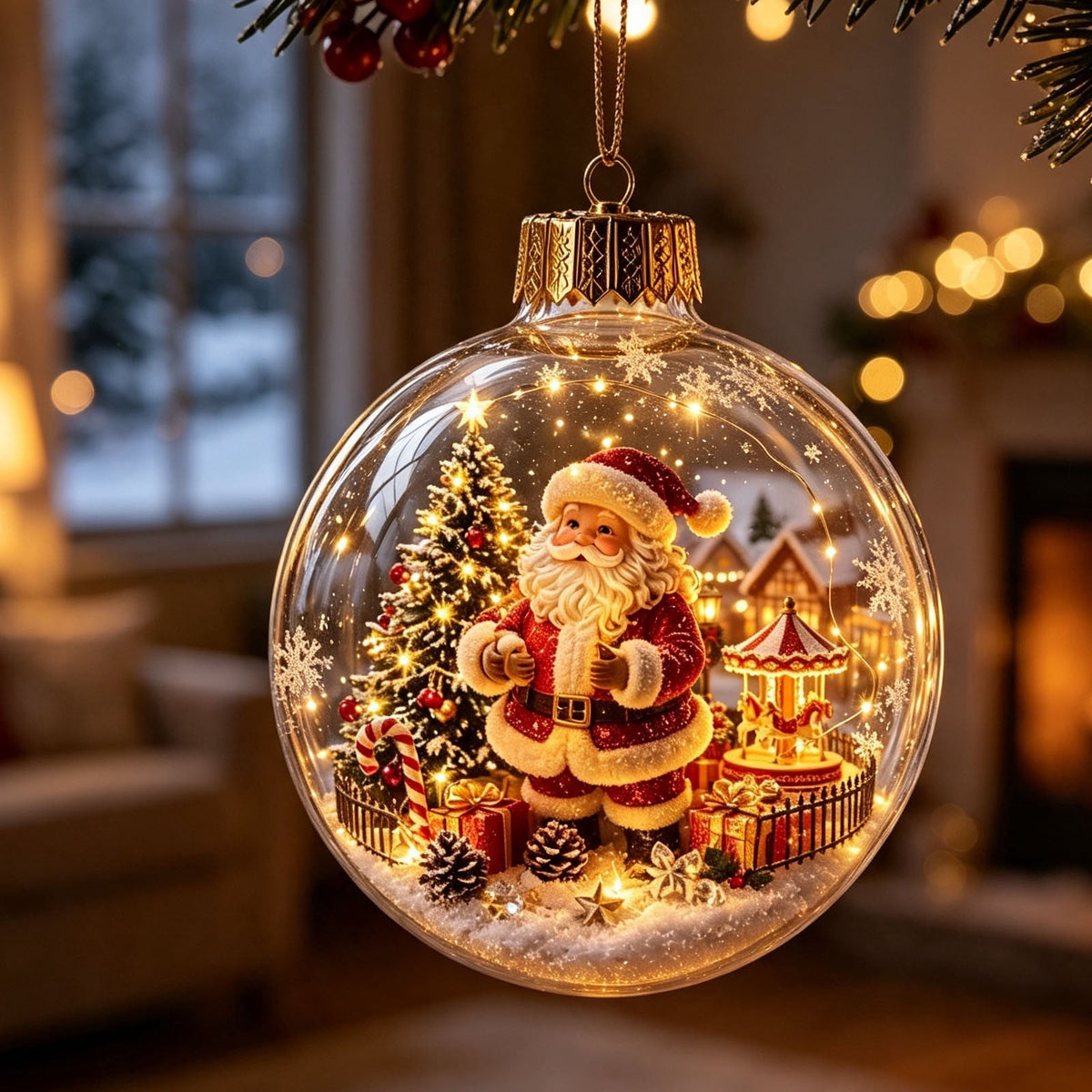 Glowing Christmas Scene Ornament Clearance, 3.15 Inch Light Up Mini Holiday Bauble with Warm LED, Xmas Tree Hanging Decor for Window Mantel Shelf
