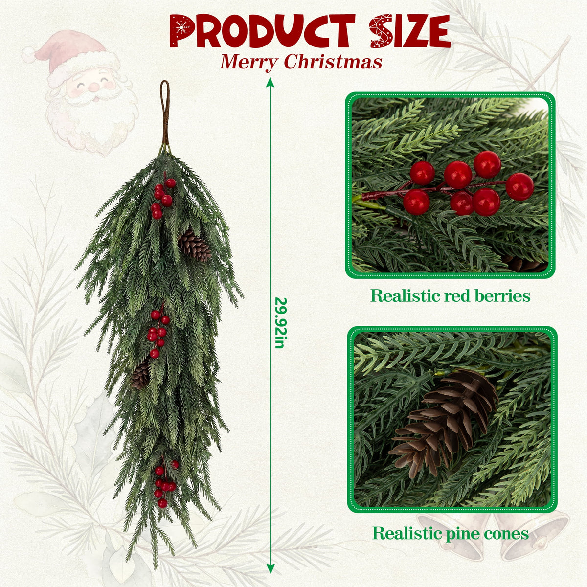 Leyaron Christmas Swags Decorations, 2 Pcs 30" Christmas Artificial Norfolk Pine Greenery Teardrop Wreath for Indoor Outdoor Table Mantle Fireplace Xmas Decor