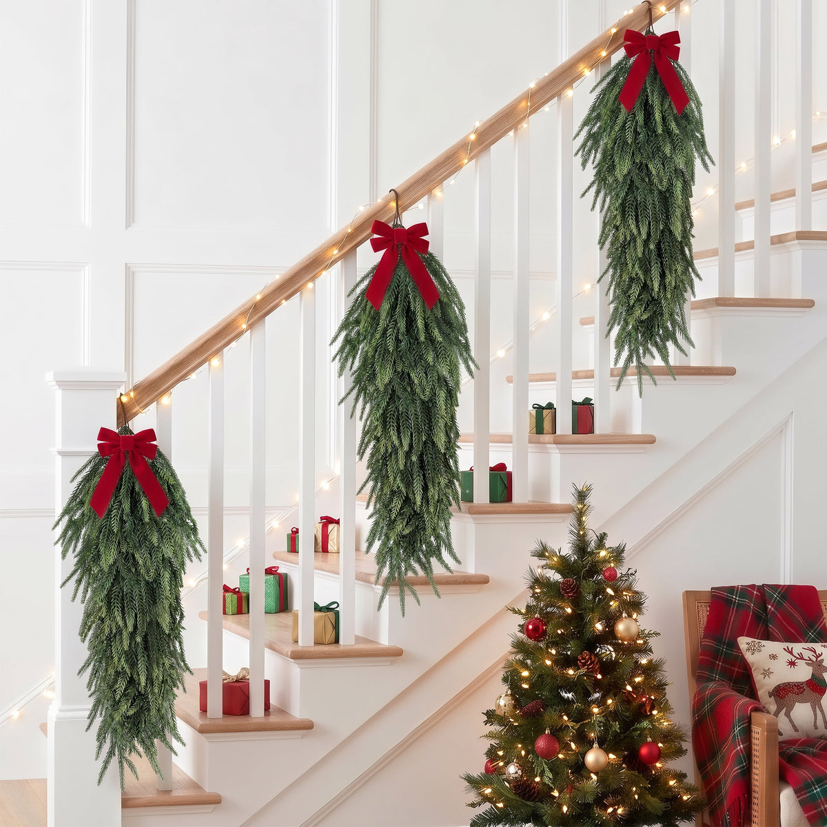 Leyaron Christmas Swags Decorations, 2 Pcs 30" Christmas Artificial Norfolk Pine Greenery Teardrop Wreath for Indoor Outdoor Table Mantle Fireplace Xmas Decor