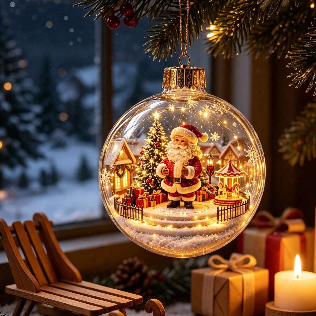 Glowing Christmas Scene Ornament Clearance, 3.15 Inch Light Up Mini Holiday Bauble with Warm LED, Xmas Tree Hanging Decor for Window Mantel Shelf