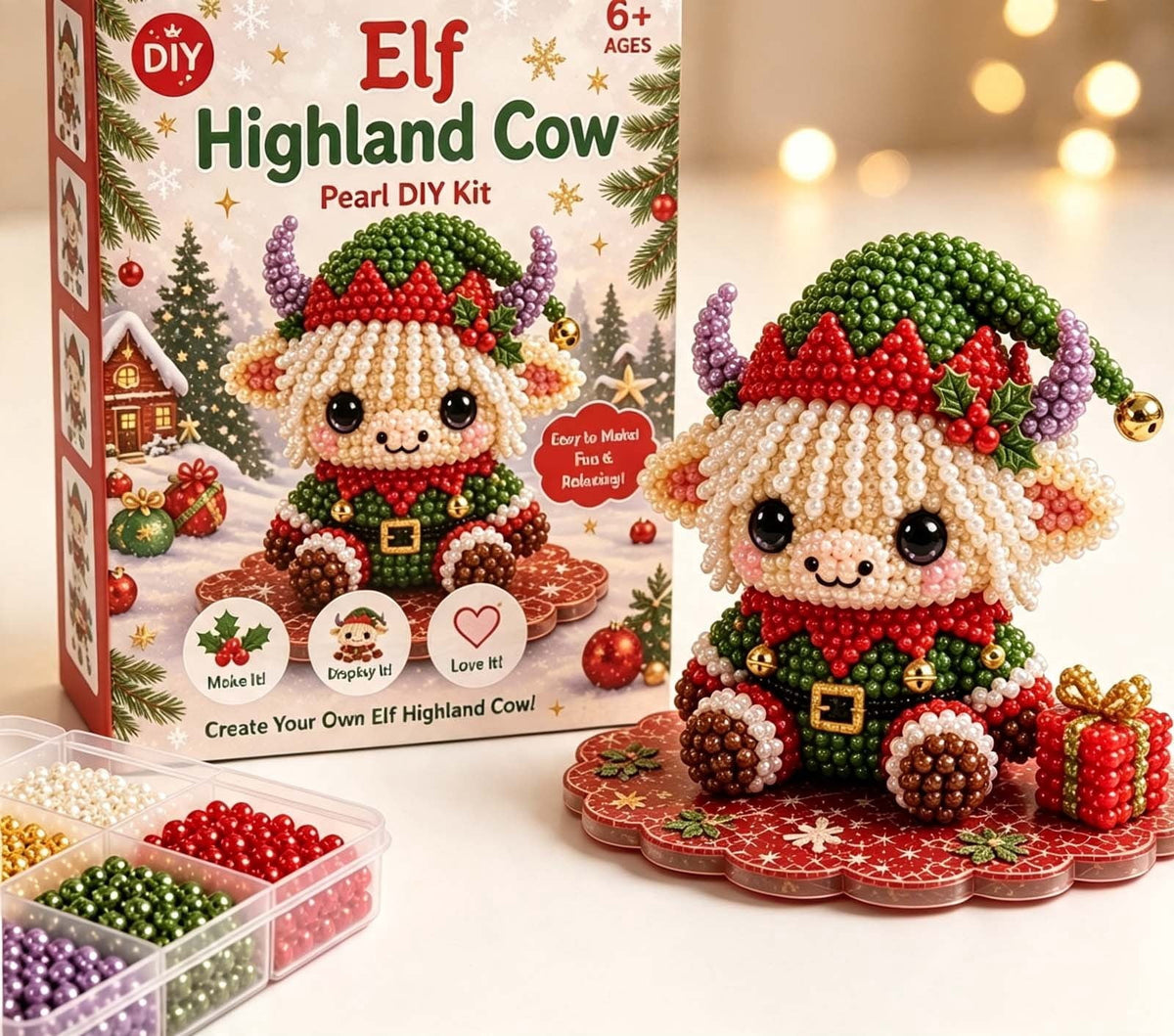 MYUNNIL Christmas Highland Cow 3D Pearl Bead Kit, Small Cute Beginner Friendly Complete Animal Themed Handcraft Set, Fun Whimsical Decorative Ornament for Home Decor & Holiday Gift, ( Xmas Tree )