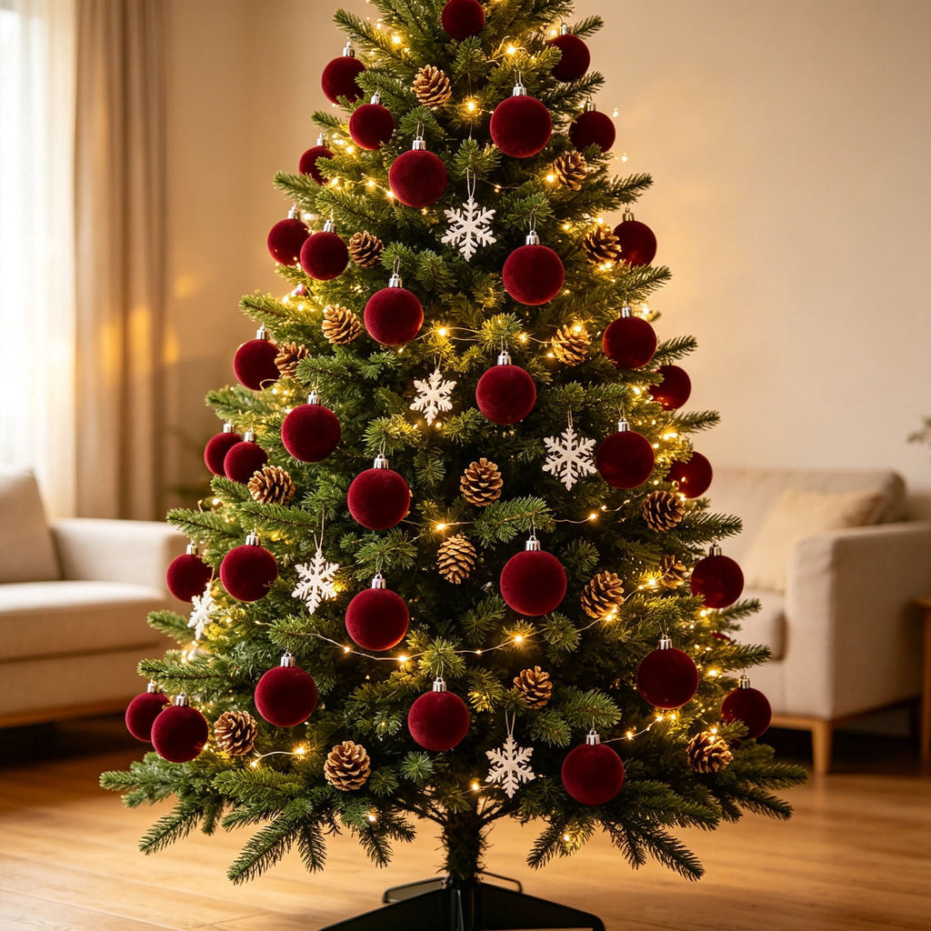 Christmas Ball Ornaments 42 Piece Flocked Gold Tan Velvet Assorted Box Set Tree Hanging Baubles