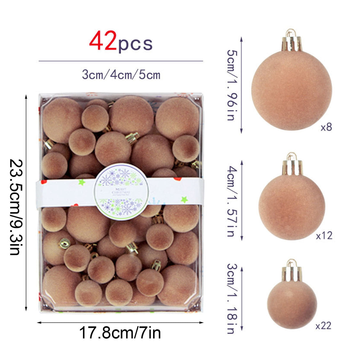 Christmas Ball Ornaments 42 Piece Flocked Gold Tan Velvet Assorted Box Set Tree Hanging Baubles