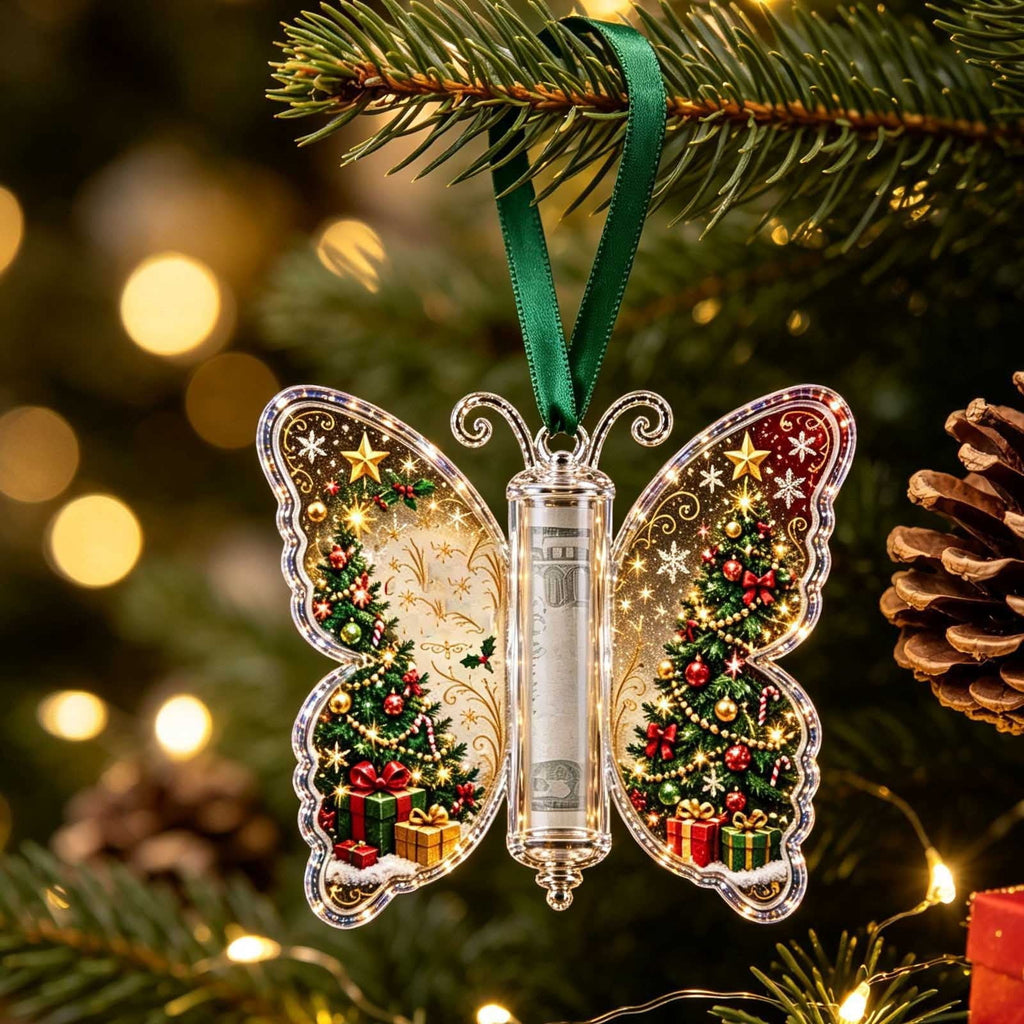 Butterfly Christmas Money Gift Ornament, Angel‑Pattern Acrylic Cash Holder with Clear Compartment, Hanging Xmas Cash Wallet Decor for Christmas Tree, Window, Car, Creative Holiday Present