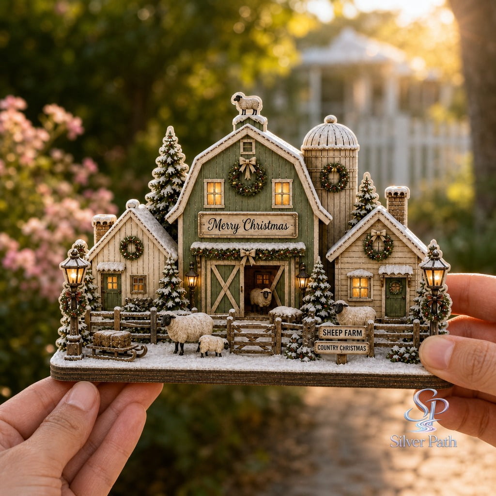 Wooden Block Decor Sheep Farm Christmas Barn Wood Tabletop Display for Farmhouse Holiday Decor