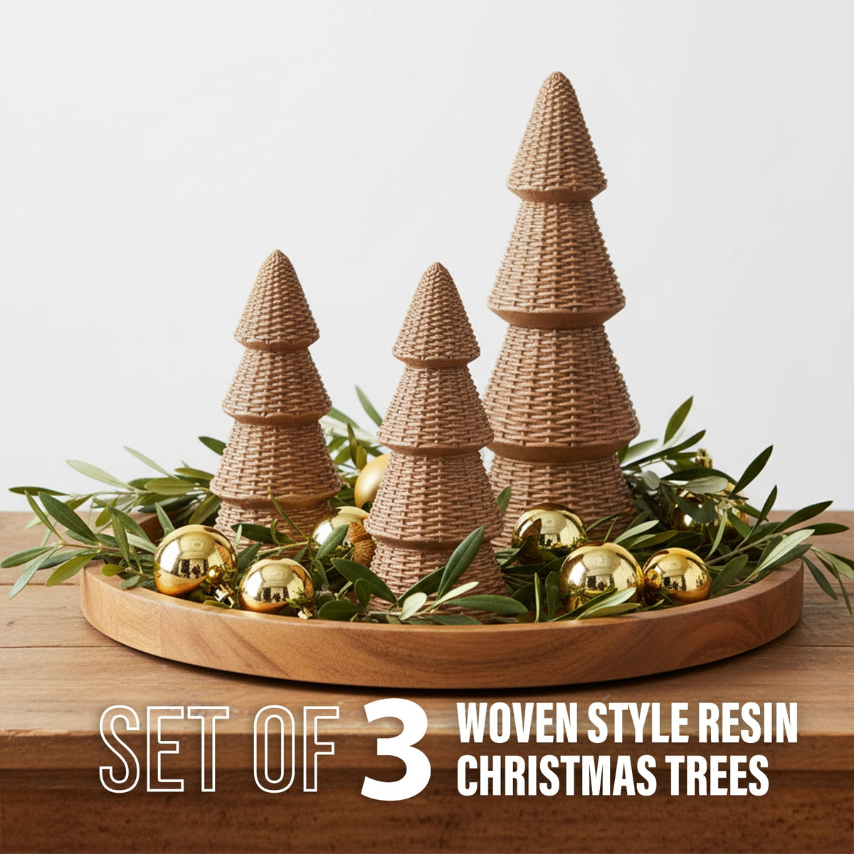 Ayieyill 3pcs Tabletop Christmas Tree Woven Resin Christmas Trees for Christmas Decor Indoor, Christmas Table Decor, Khaki
